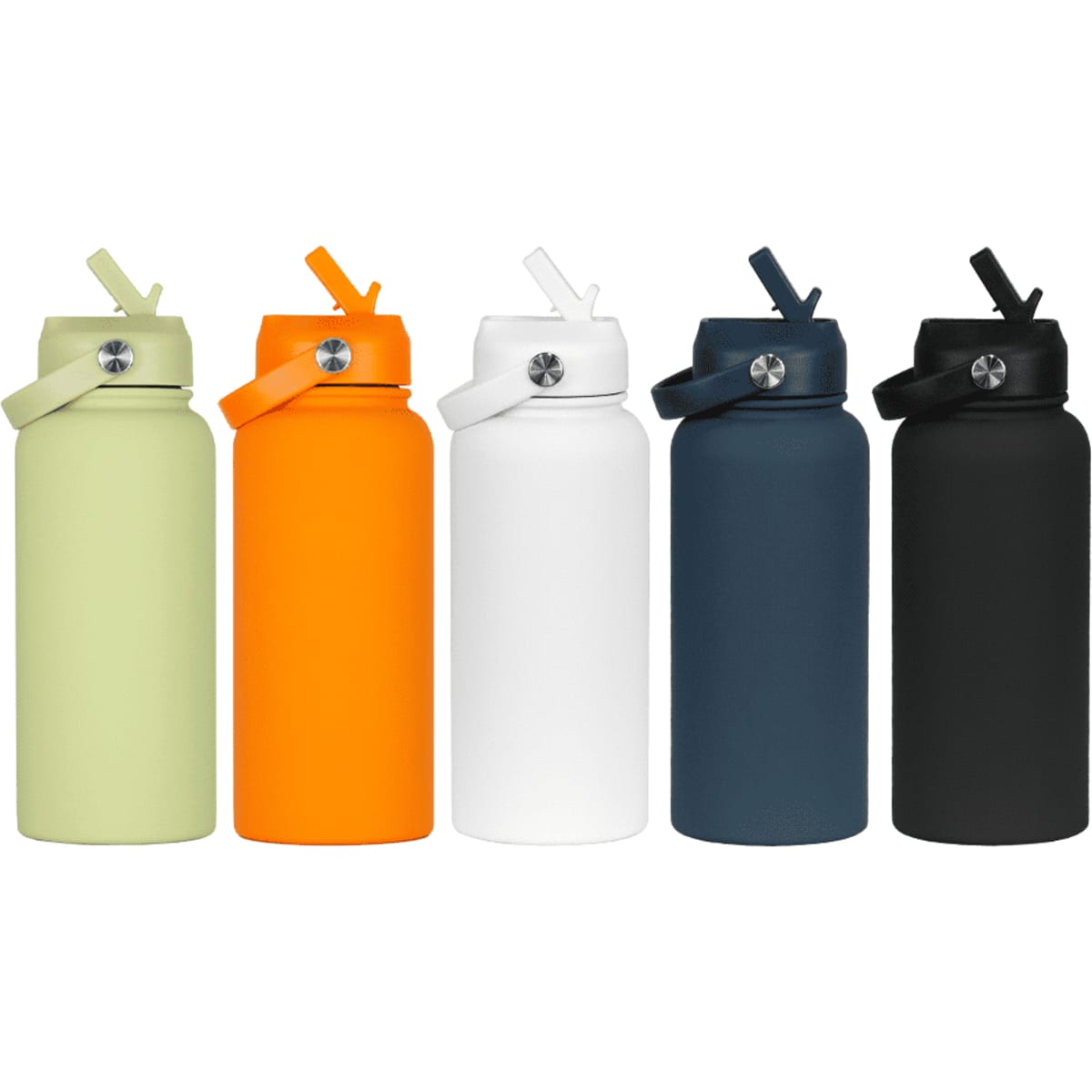 A drink bottle collection featuring five rubber-coated bottles in green, orange, white, navy, and black, each with a straw lid and a logo.