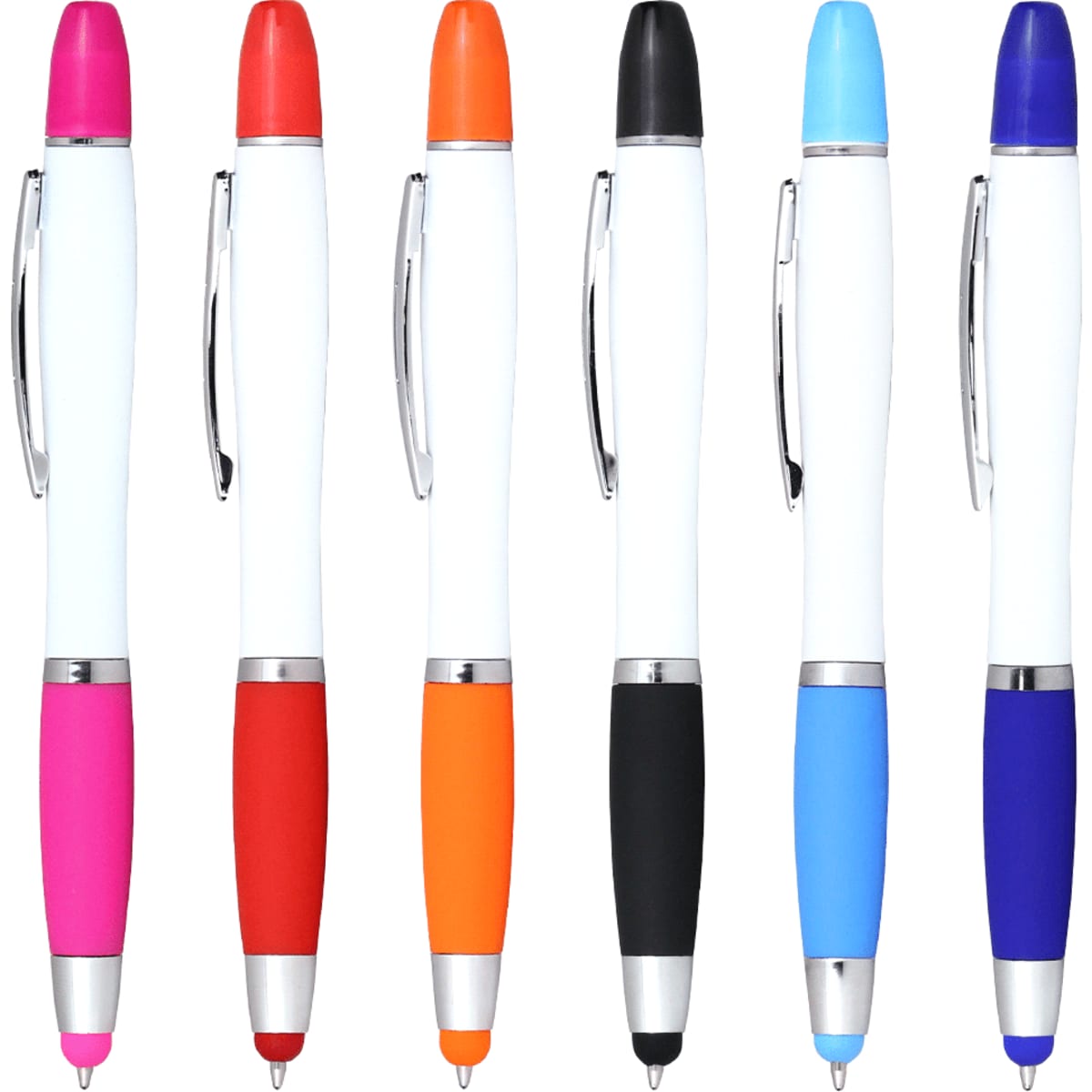 A collection of ballpoint pens in various colours, featuring clip designs and silver accents. Each pen has a white barrel.