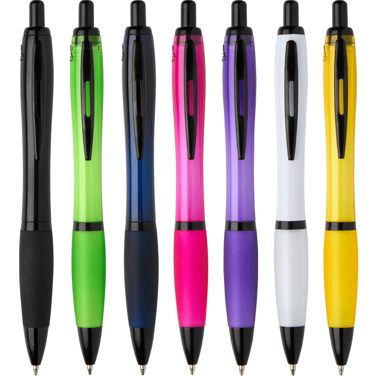 A collection of eight pens in various colours, including black, green, blue, pink, purple, white, and yellow. Each pen has a branding logo.