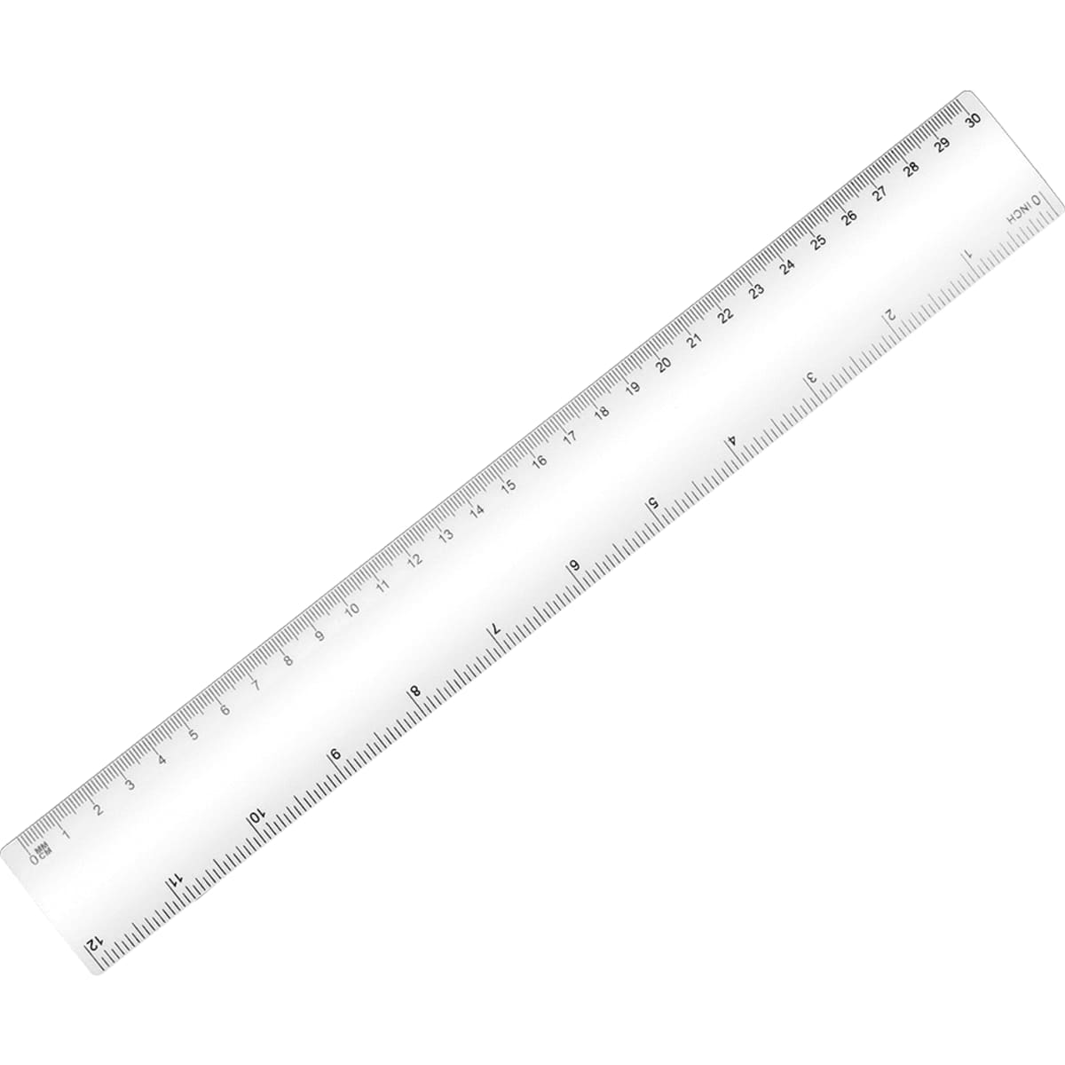 A transparent 30cm ruler featuring measurements along one edge and a branding logo.
