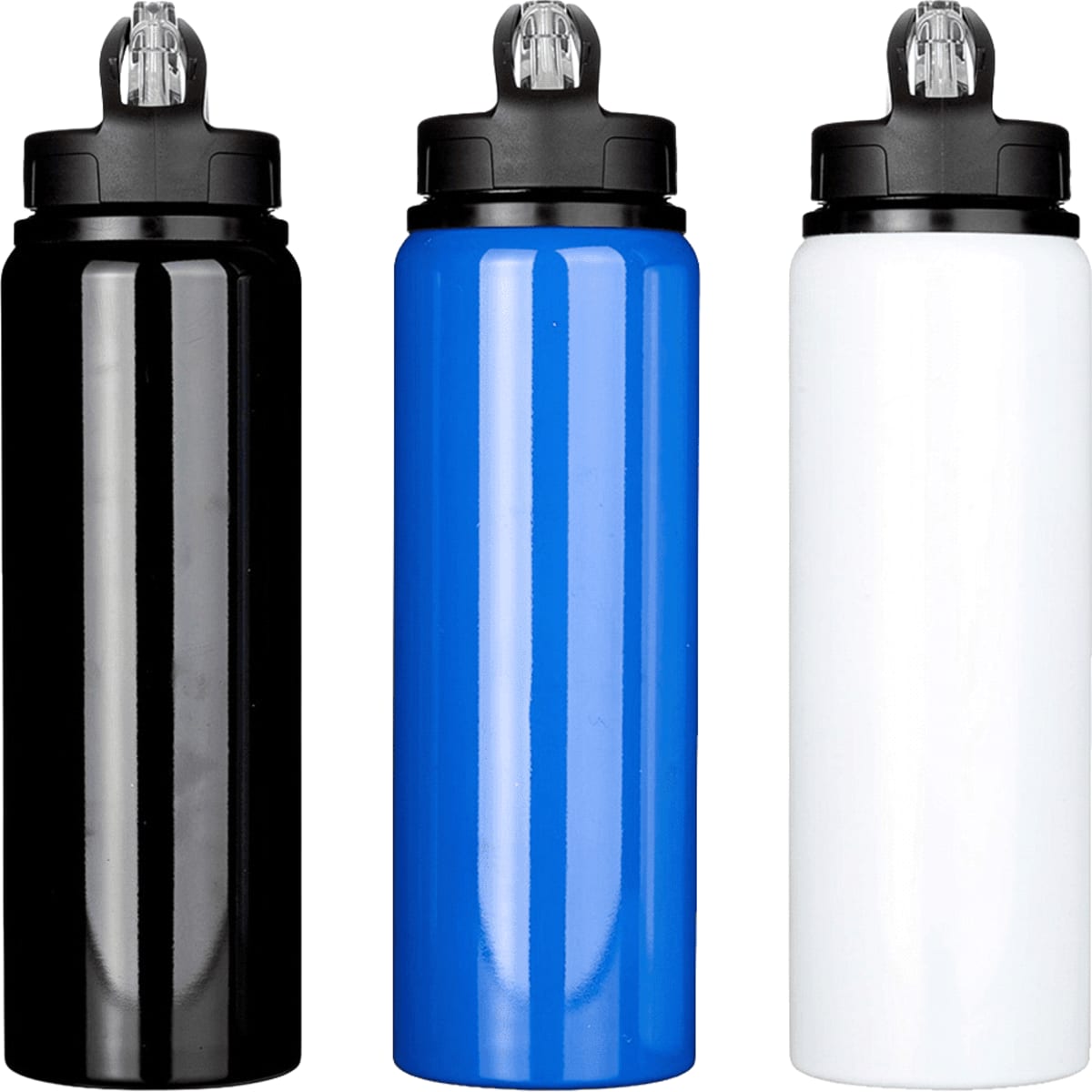 A drink bottle set featuring three colours: black, blue, and white, with a flip-top lid and logo.