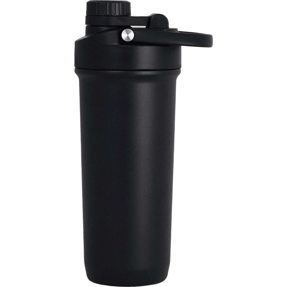 A drink bottle in matte black with a secure lid and a built-in shaker mechanism, featuring a logo.