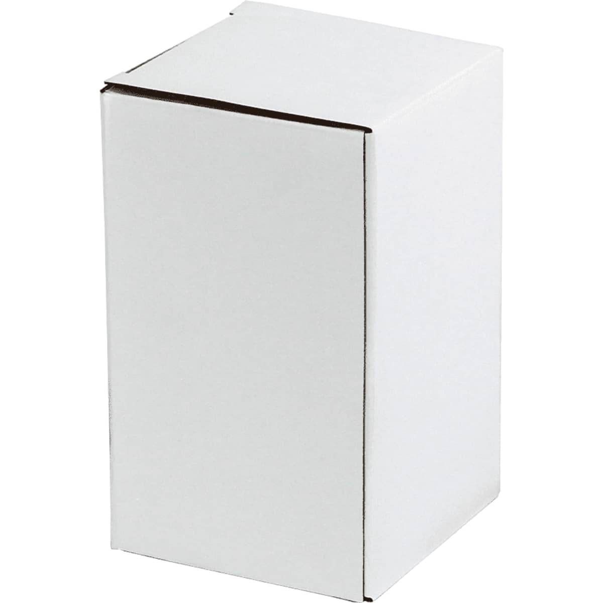 A white cardboard box with a simple design. Features one side flap and has a logo on the surface.