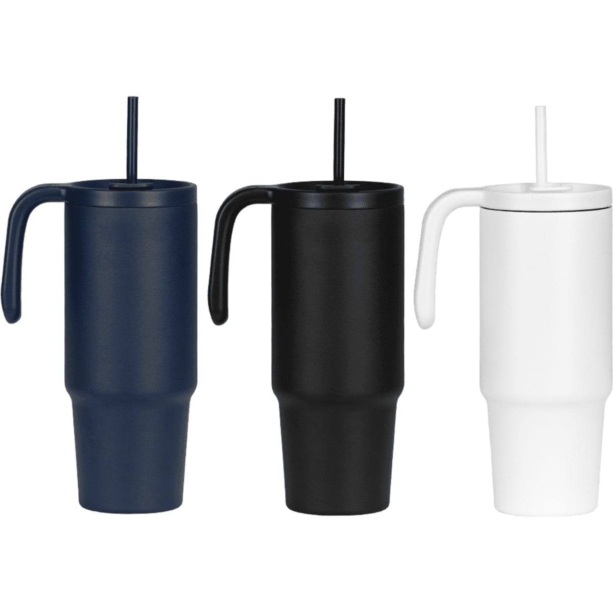 A drink bottle set featuring three tumblers in navy, black, and white, each with a handle and a straw.
