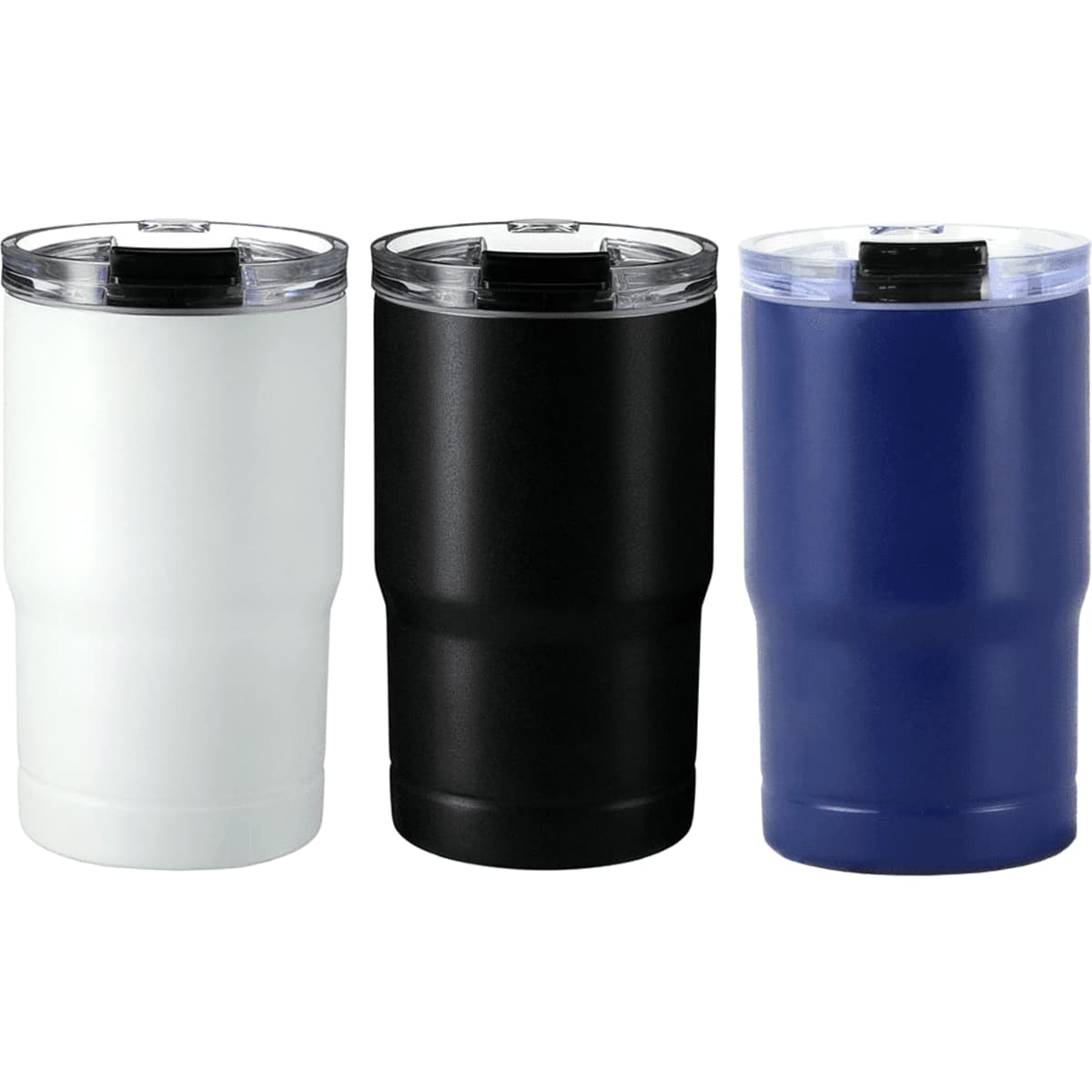 A drink bottle set featuring three tumblers in white, black, and navy blue, each with a clear lid and a logo.