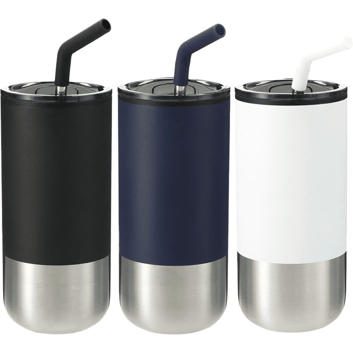 A drink bottle set featuring three tumblers in black, navy blue, and white with stainless steel bottoms and straws.