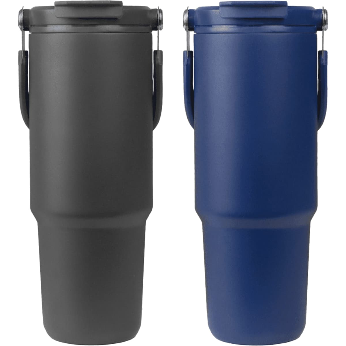 A drink bottle set featuring a grey and a navy blue bottle, each with a handle and a lid. Both have branding.
