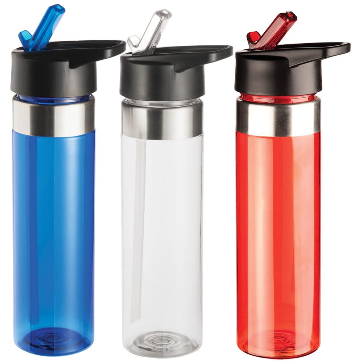 A drink bottle set featuring blue, clear, and red bottles, each with a black lid and a built-in straw.
