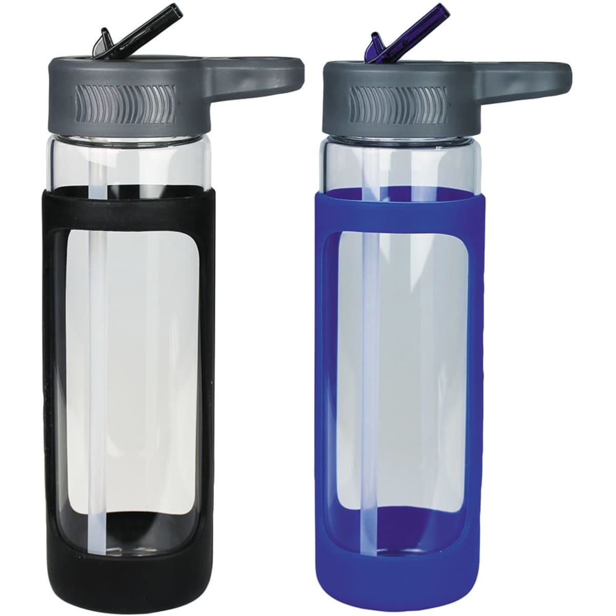 A drink bottle set featuring two styles: one with a black silicone cover and one with a blue silicone cover. Both have a logo.