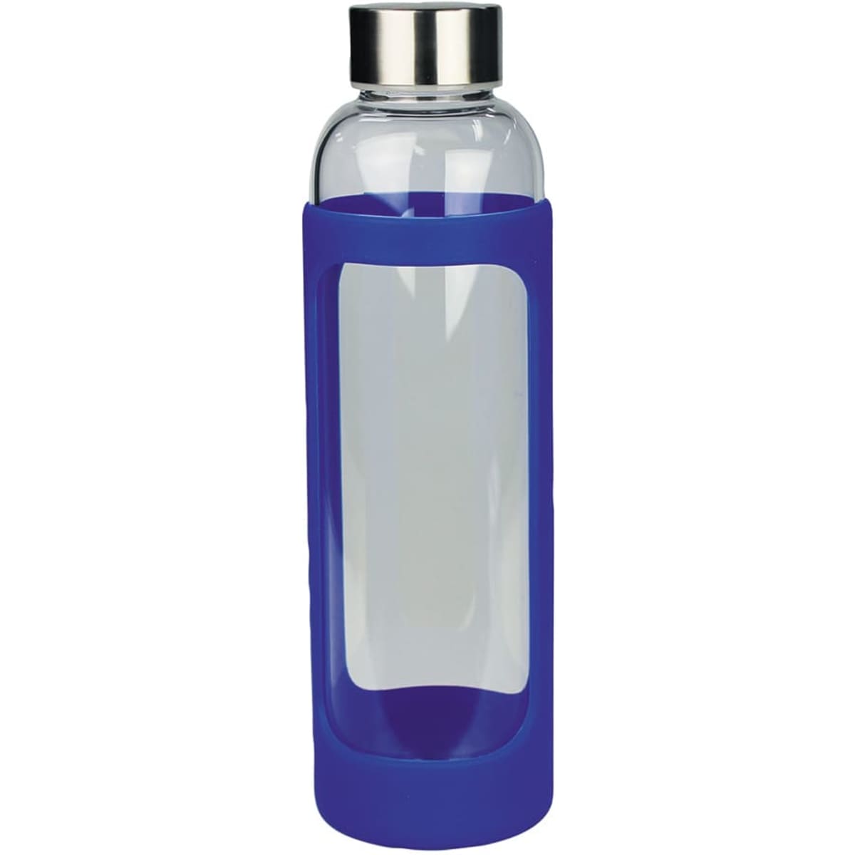 A drink bottle made of clear glass with a blue silicone cover, featuring a silver metal lid.