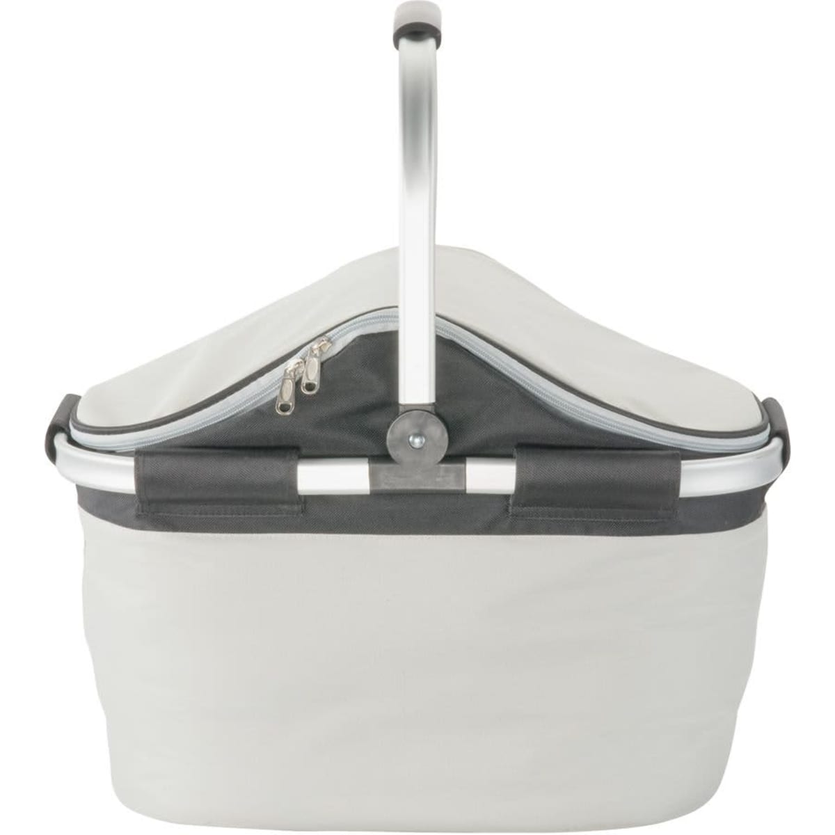 A grey picnic carry bag with a sturdy handle and a zippered compartment, featuring a logo on the front.