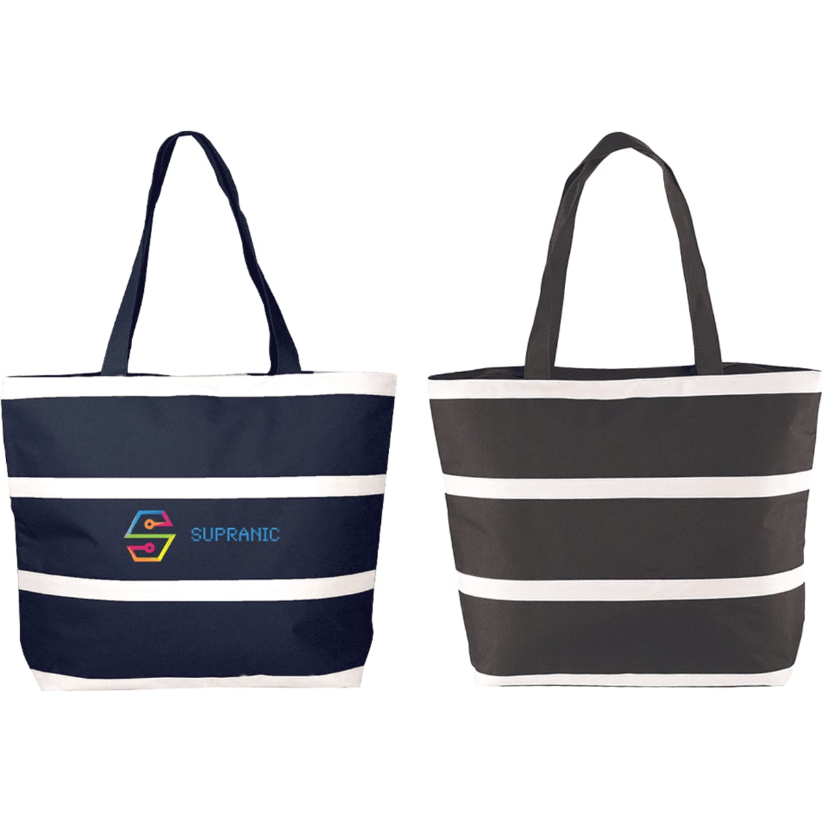 A striped insulated cooler bag in navy blue and black, featuring a logo on the front. Ideal for keeping items cool.