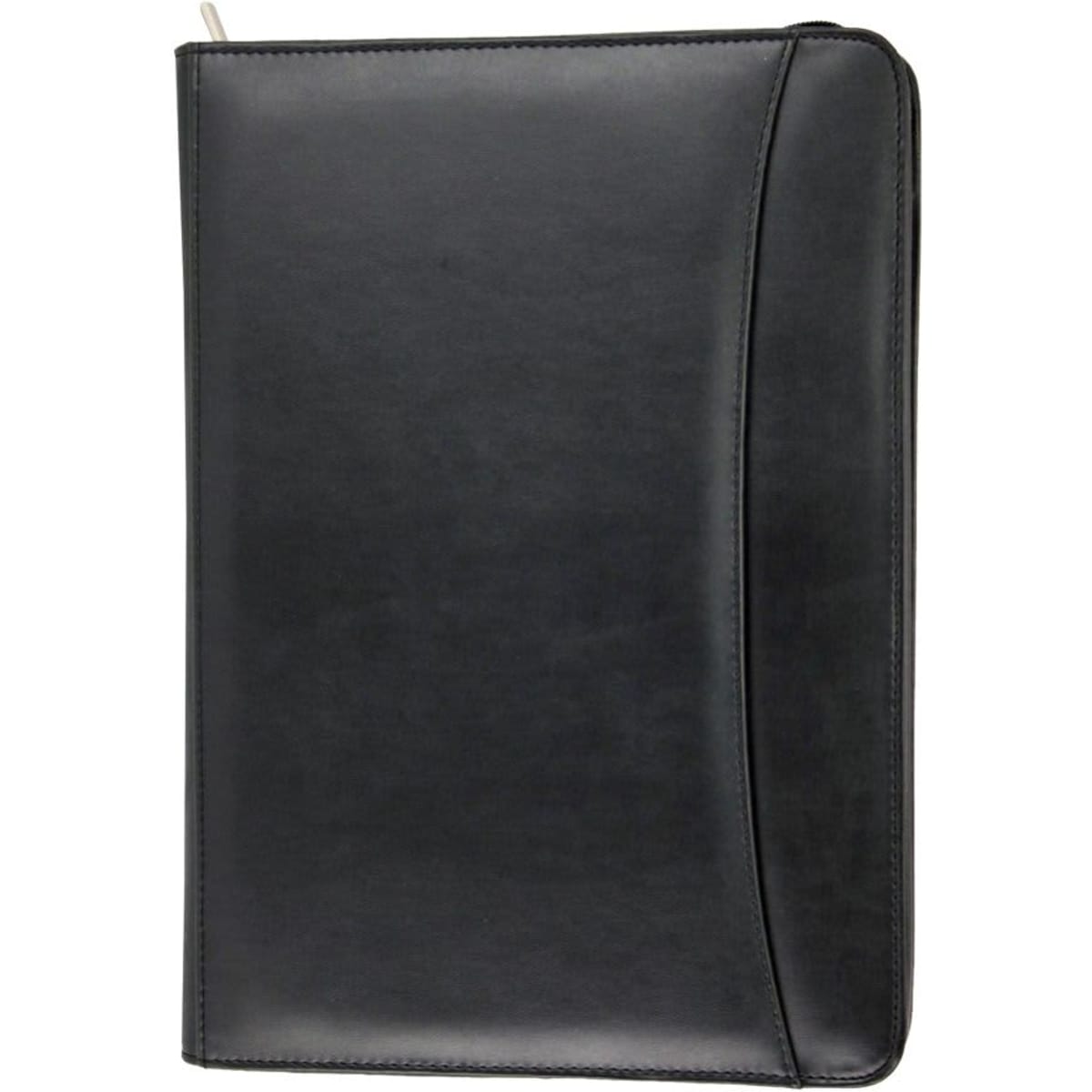 A black imitation leather zip compendium featuring a sleek design and a branded logo.