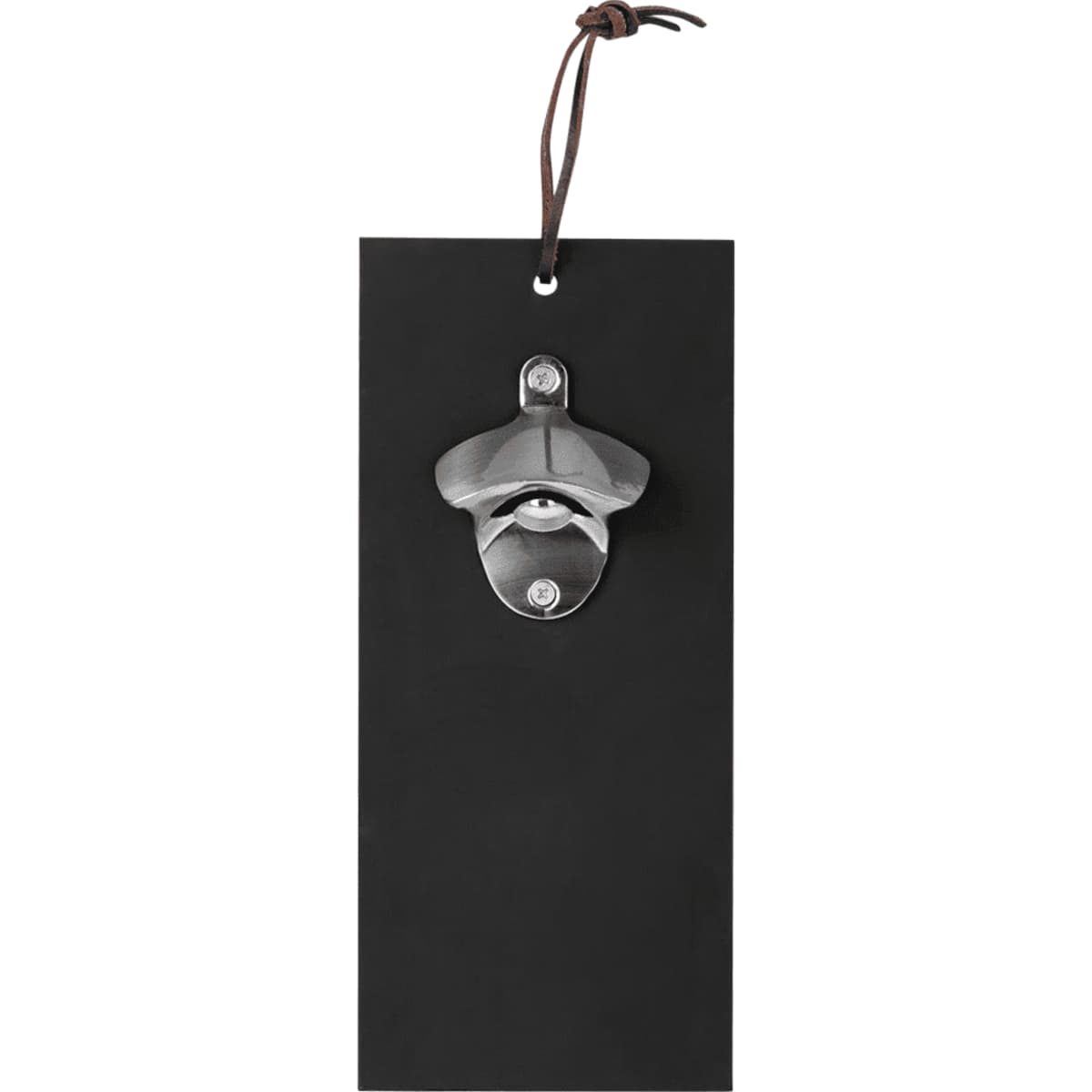 A drink bottle opener with a stainless steel top and a black backing, featuring a leather hanging strap.