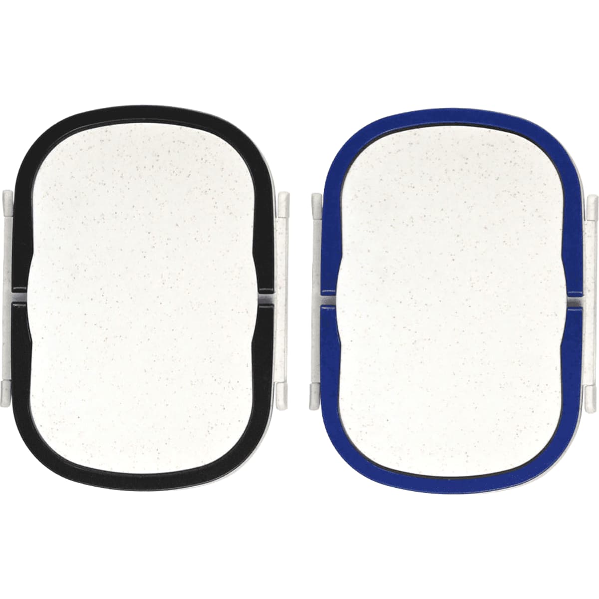 Two plastic and wheat straw lunch boxes, one with a black rim and the other with a blue rim, featuring a white interior.