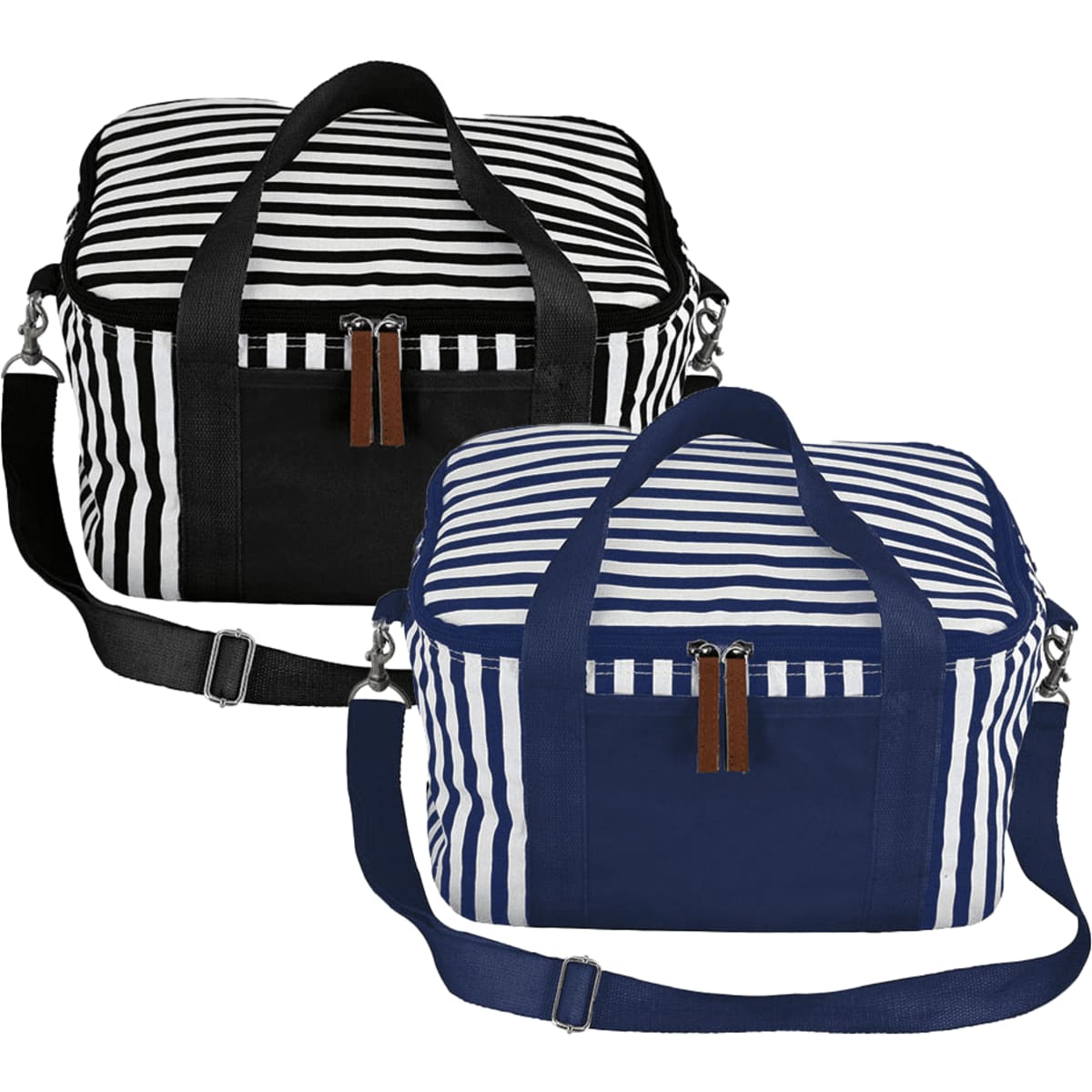 Striped cotton canvas cooler bags in black and navy blue with zip closures and handles. Features a logo.