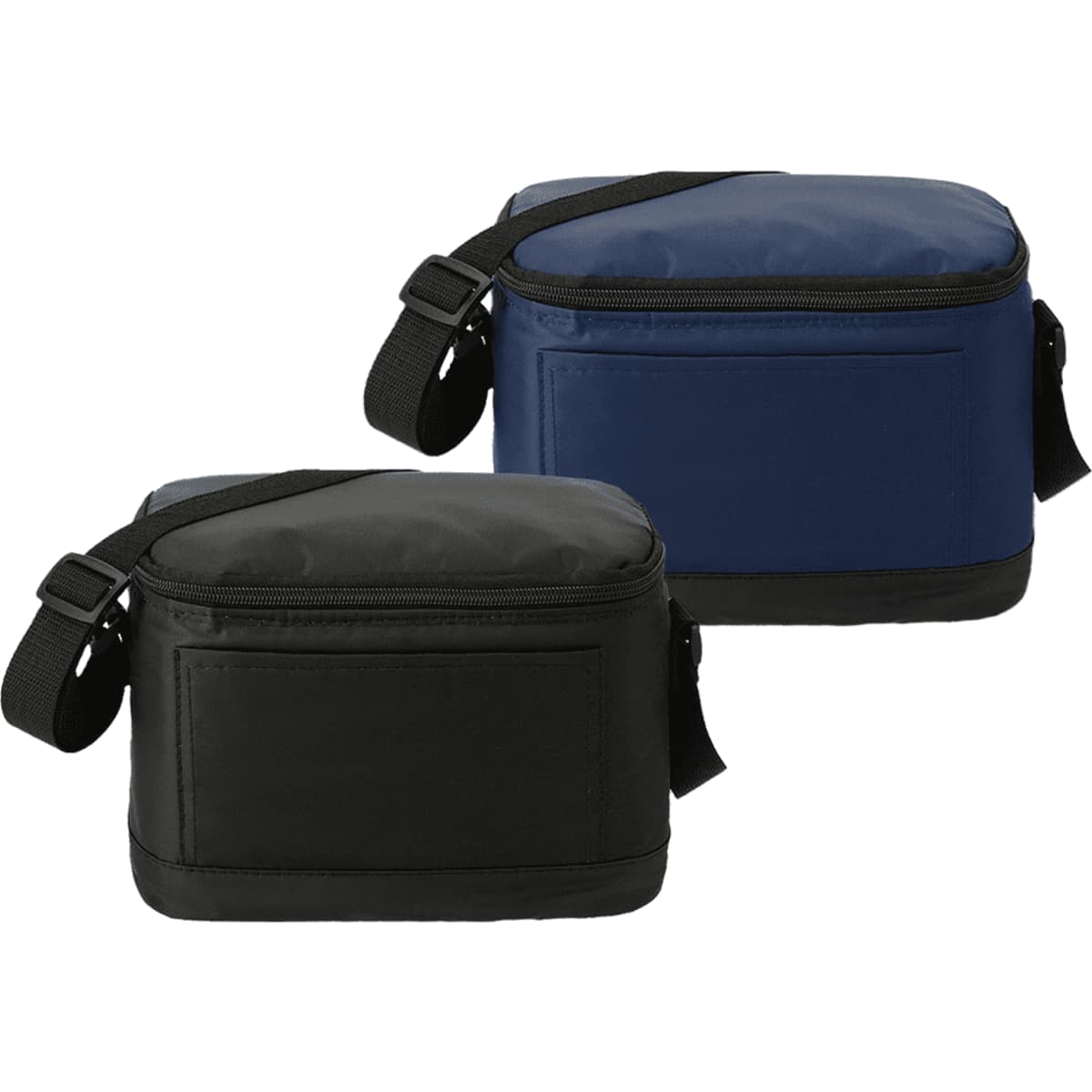 A classic insulated cooler bag in black and navy blue, featuring an adjustable strap and a logo.