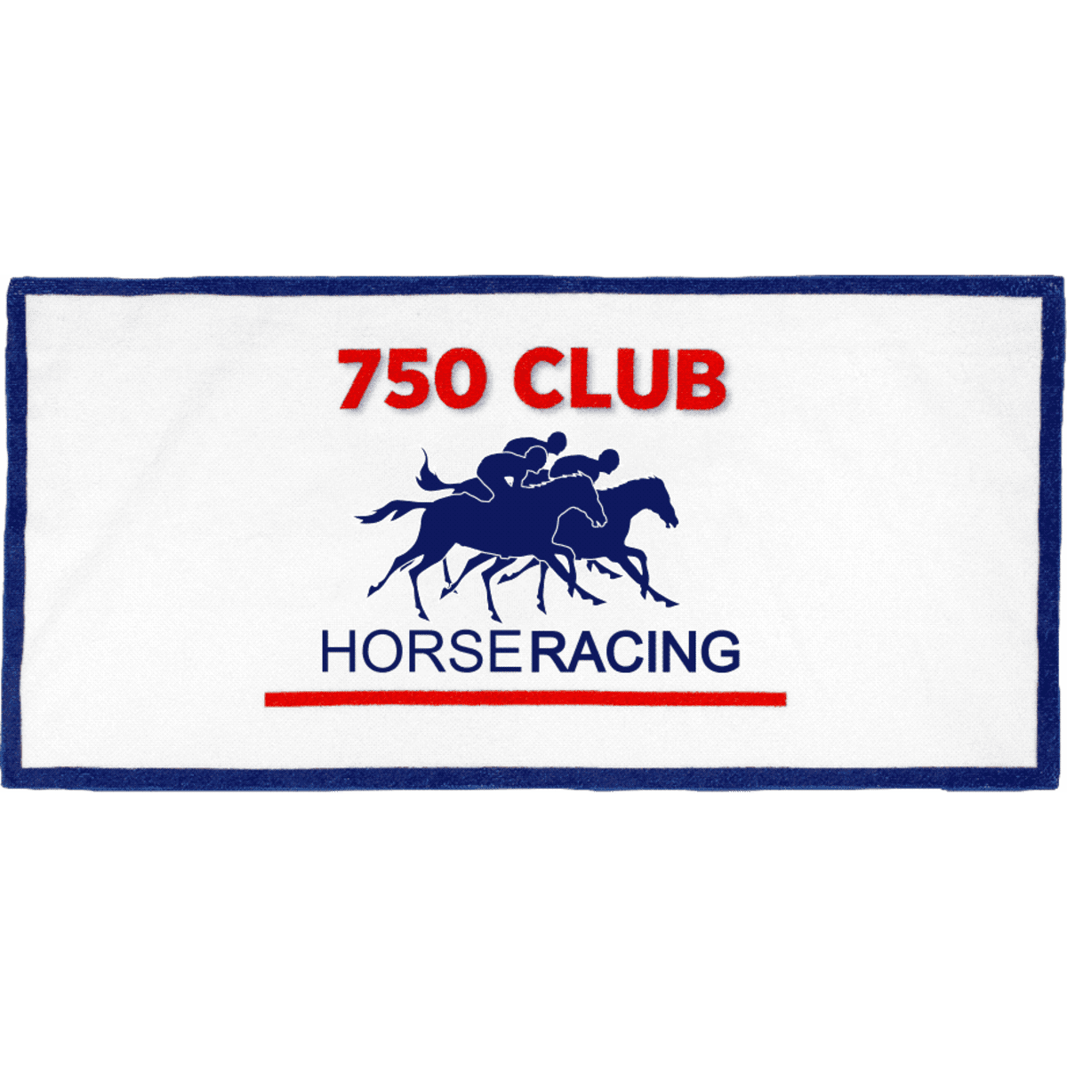 A white sports towel with blue trim featuring a racing horse graphic and a logo.