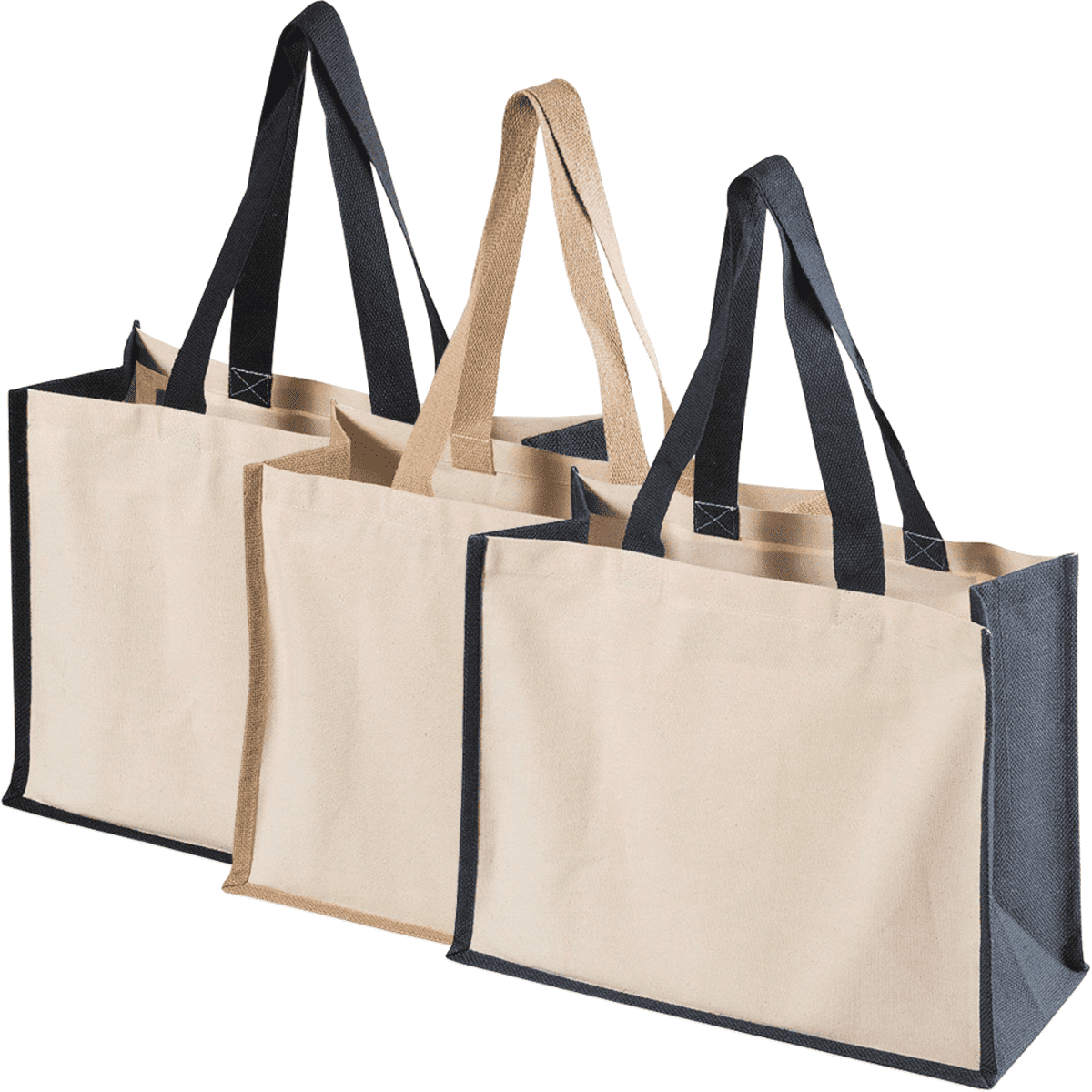 Three functional tote bags in beige with navy and tan handles, featuring a logo on each bag.
