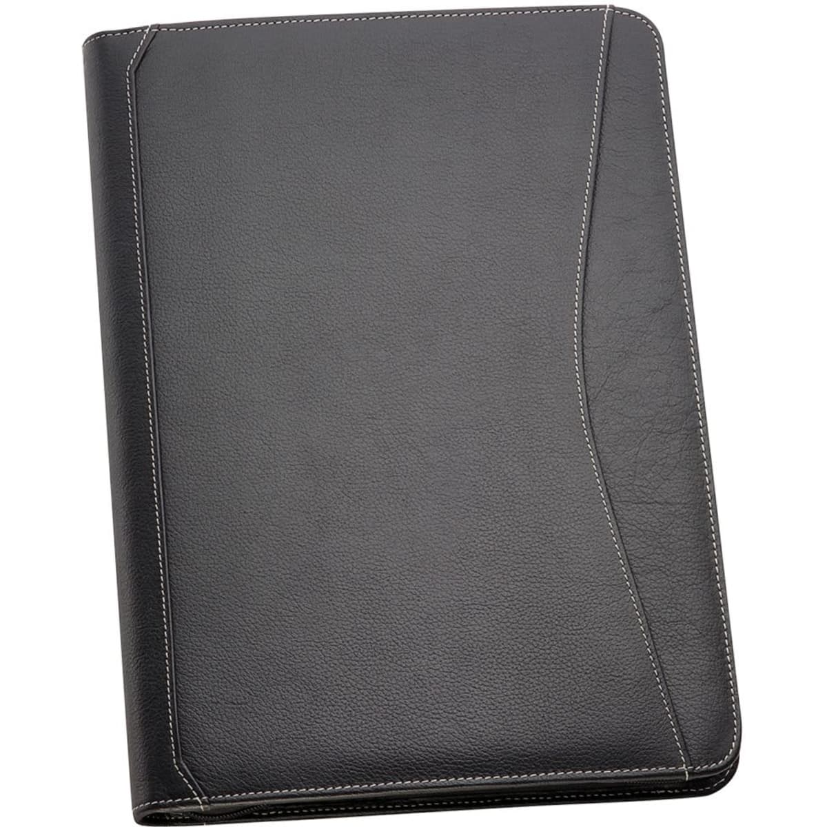 A black leather compendium featuring contrasting stitching and a sleek design, with a logo on the front.