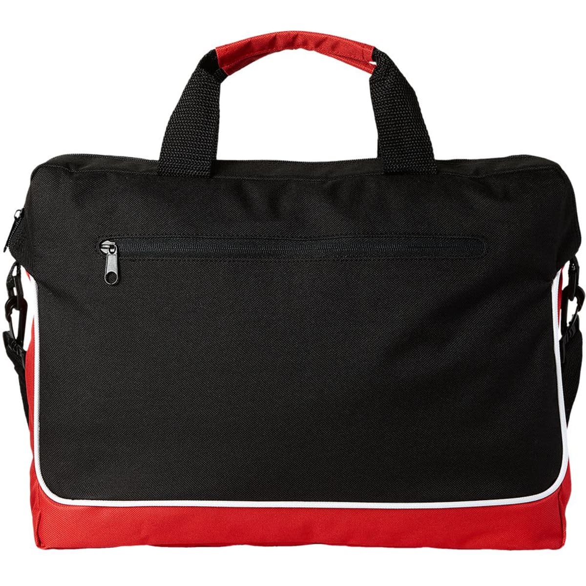 A black and red laptop bag with a zippered front pocket and dual carry handles. Features a logo on the side.