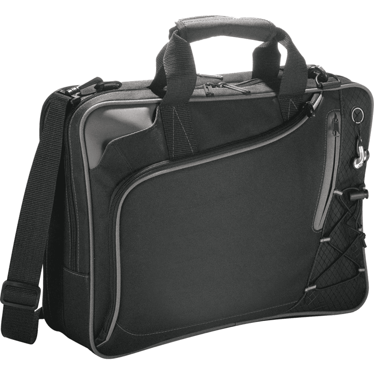 A black laptop bag featuring handles, a shoulder strap, and multiple pockets for organisation. It has a logo displayed.