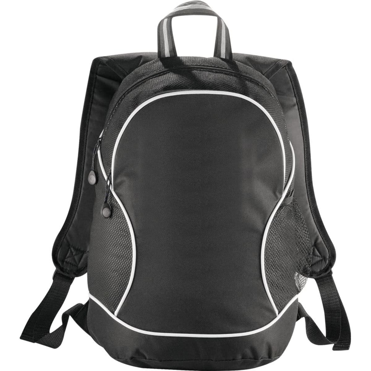 A black backpack with mesh side pockets and white trim, featuring padded shoulder straps and a branding logo.