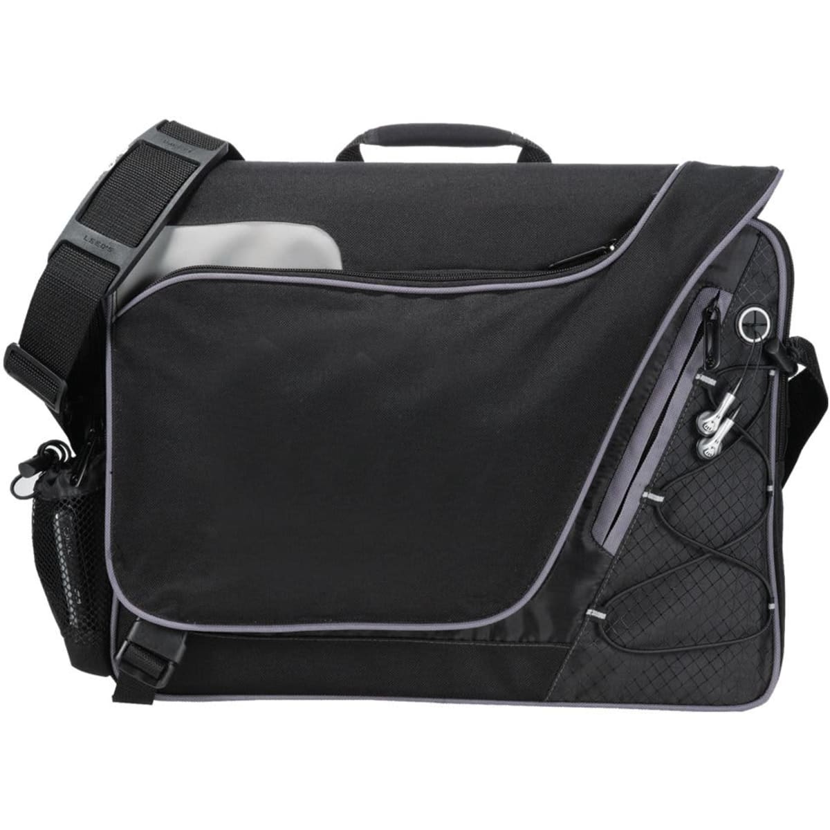A black laptop bag with a large front pocket, adjustable strap, and mesh side pocket. It features a logo on the front.