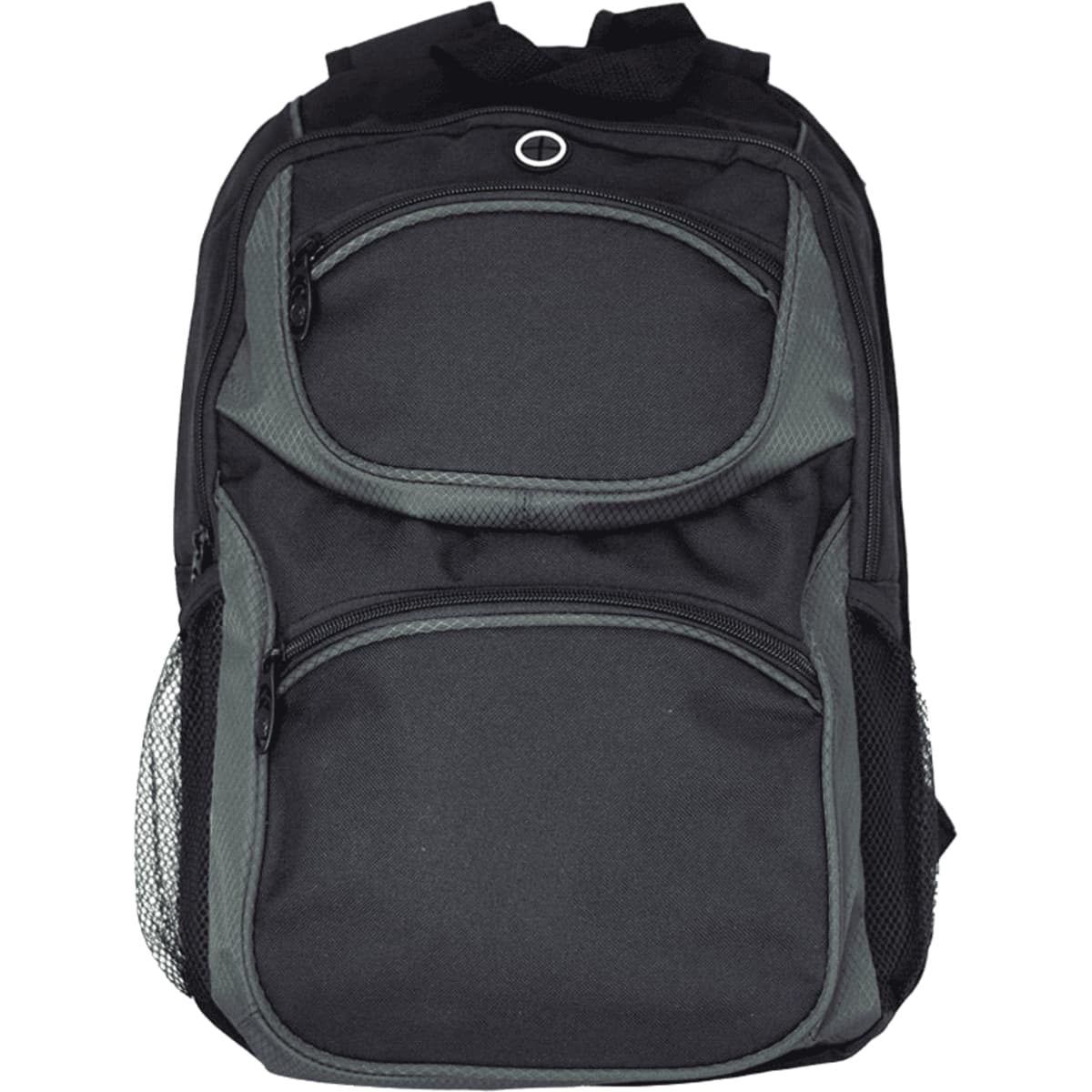 A black and grey backpack with multiple zippered pockets and mesh side pouches, featuring a logo.