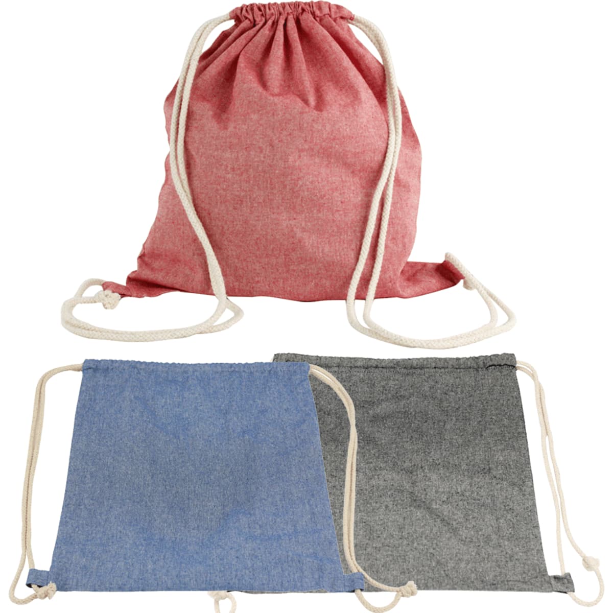 A red drawstring bag with two additional bags in blue and grey. Each bag has a drawstring closure and a logo.