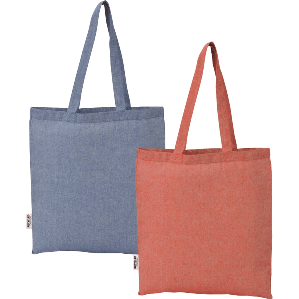Two tote bags made of recycled cotton twill, one in light blue and one in coral orange, each with handles and a logo.