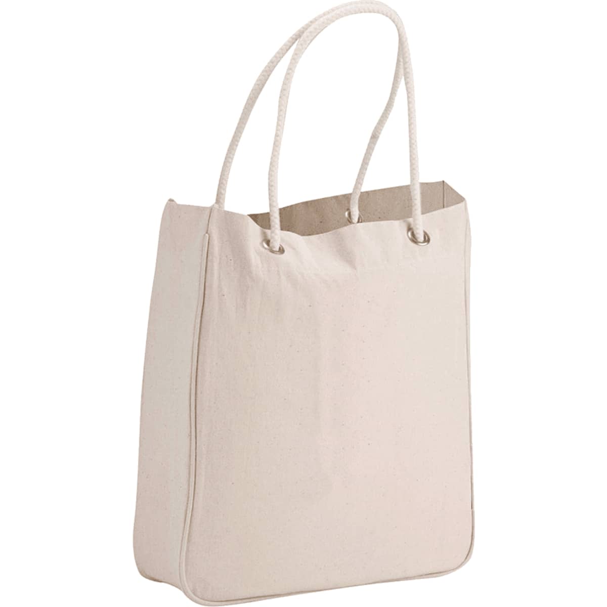 A natural-coloured organic cotton canvas tote bag with rope handles, featuring a simple and spacious design.