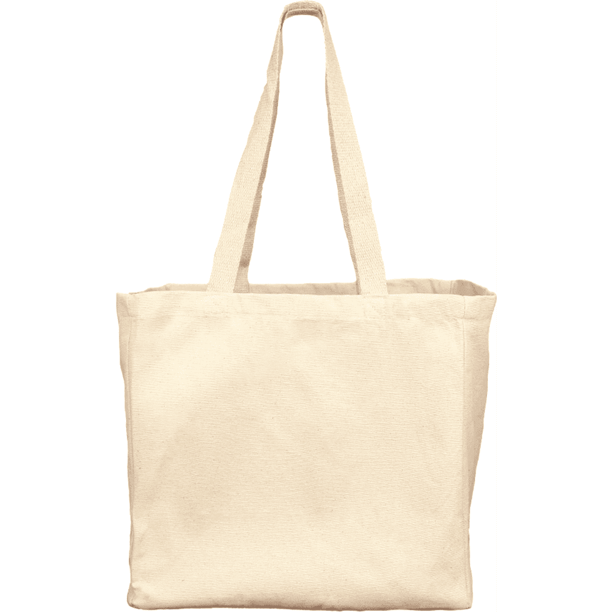 A cream-coloured reusable grocery bag with two sturdy handles and a simple design. It features a logo on one side.