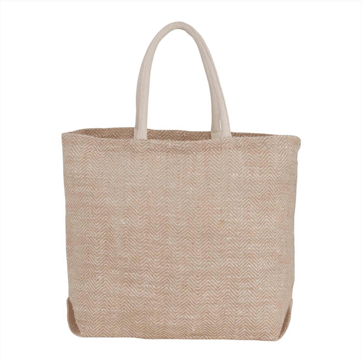 A herringbone patterned jute tote bag in beige with light cream handles. It features a logo on the front.