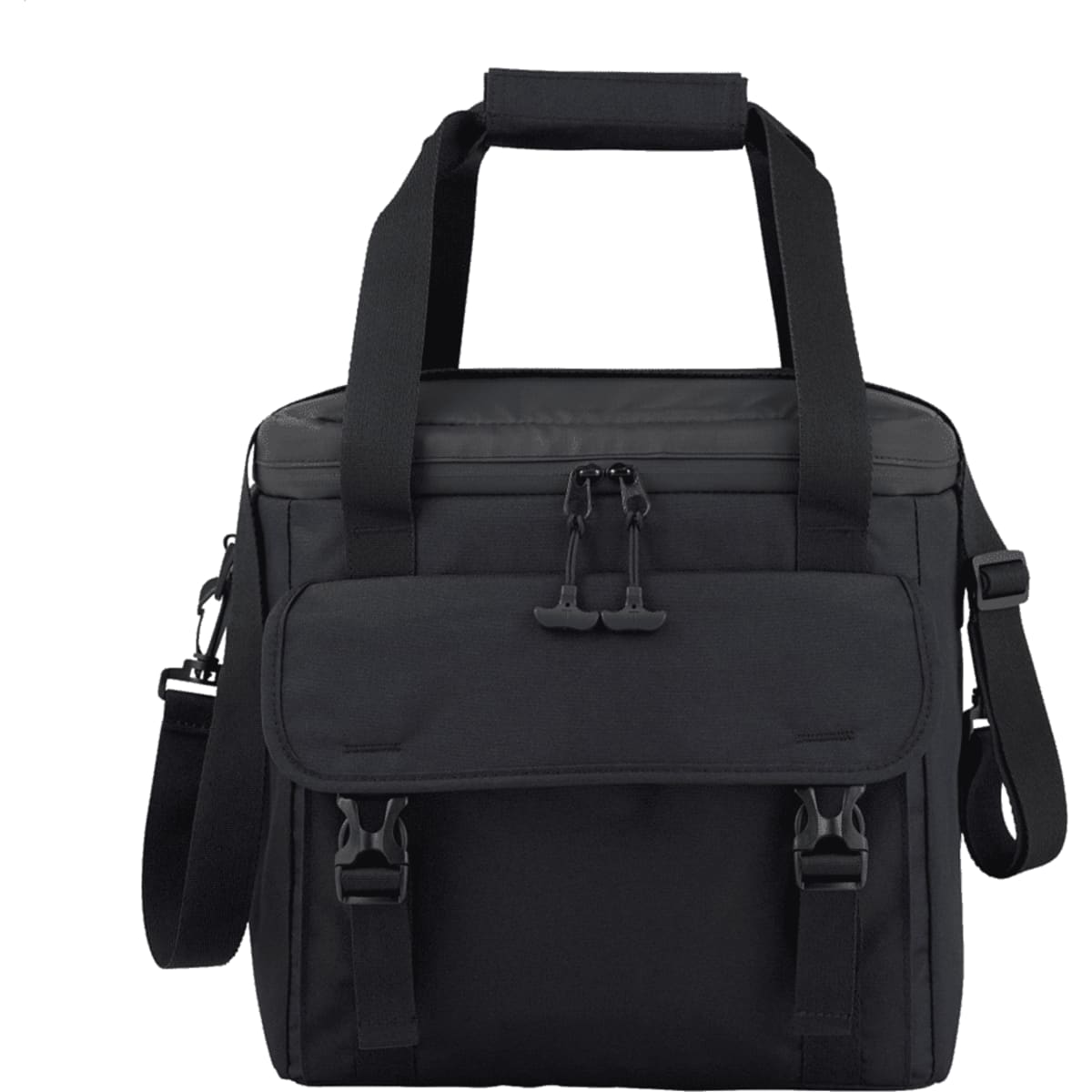 A black cooler bag with a front flap, adjustable shoulder strap, and dual handles for easy carrying.