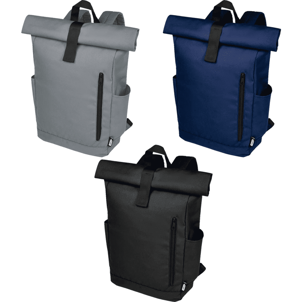 A roll-top backpack featuring grey, navy, and black colours, with side pockets and a logo.