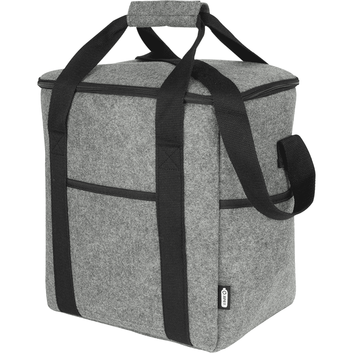 A grey felt cooler bag with black straps and handles, featuring two side pockets. It has a square shape and a lid.