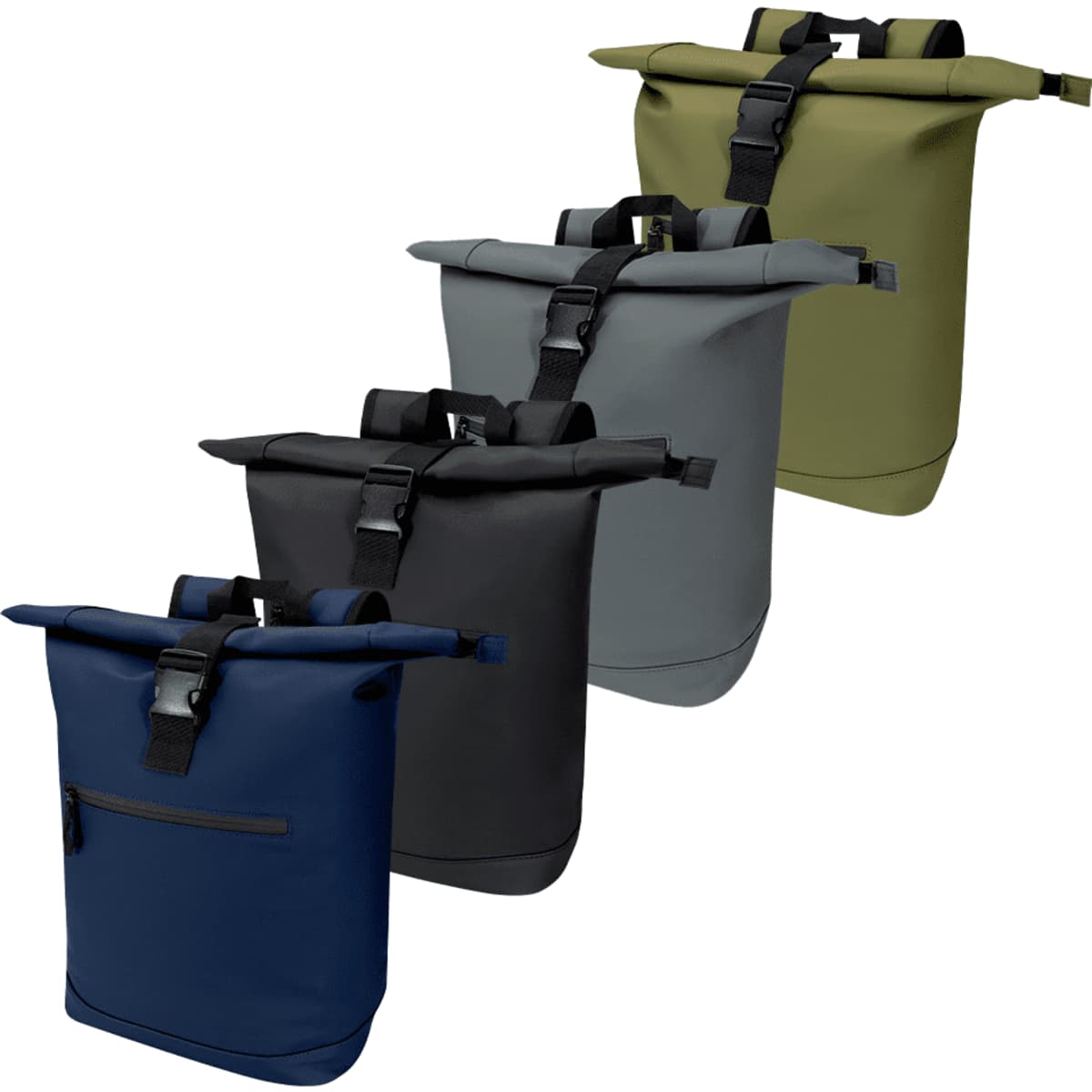 Four roll-top backpacks in navy, black, grey, and olive green, featuring adjustable straps and buckle closures.