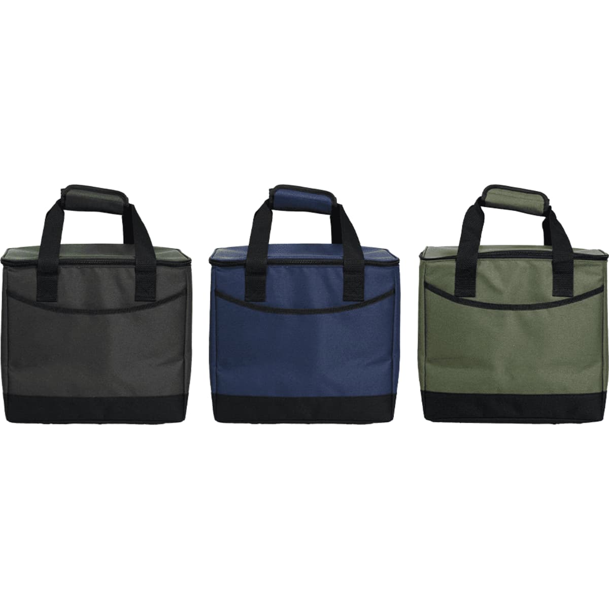 Three insulated cooler bags in black, navy blue, and olive green, featuring sturdy handles and an external pocket.