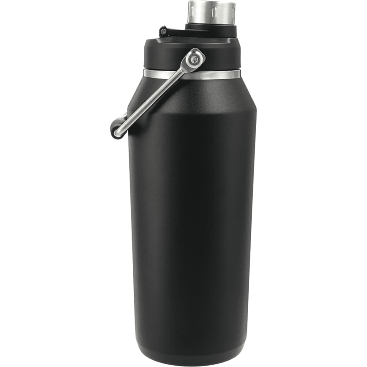 A drink bottle in matte black with a silver cap and handle, featuring a logo on the body.