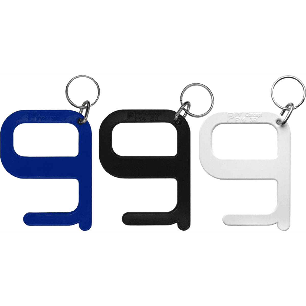A set of three Hygiene Keys in blue, black, and white, each attached to a keyring.