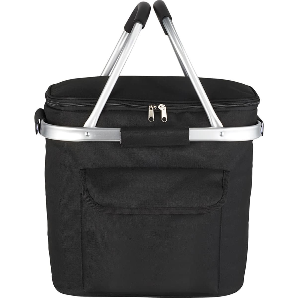 A black picnic cooler bag with a zippered top, featuring an aluminium handle and a front pocket.