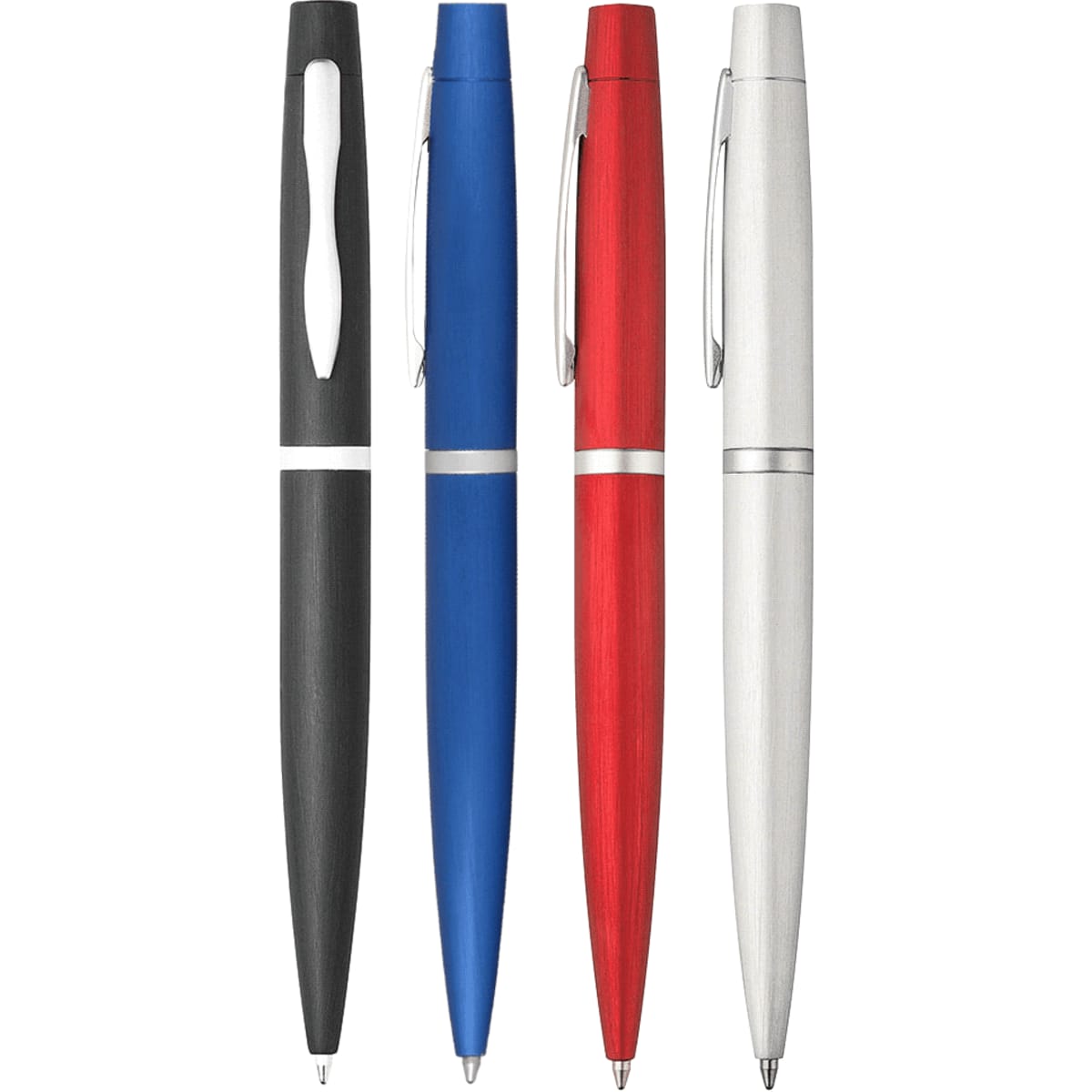 A set of four twist-action metal pens in black, blue, red, and silver, featuring a logo on each pen.