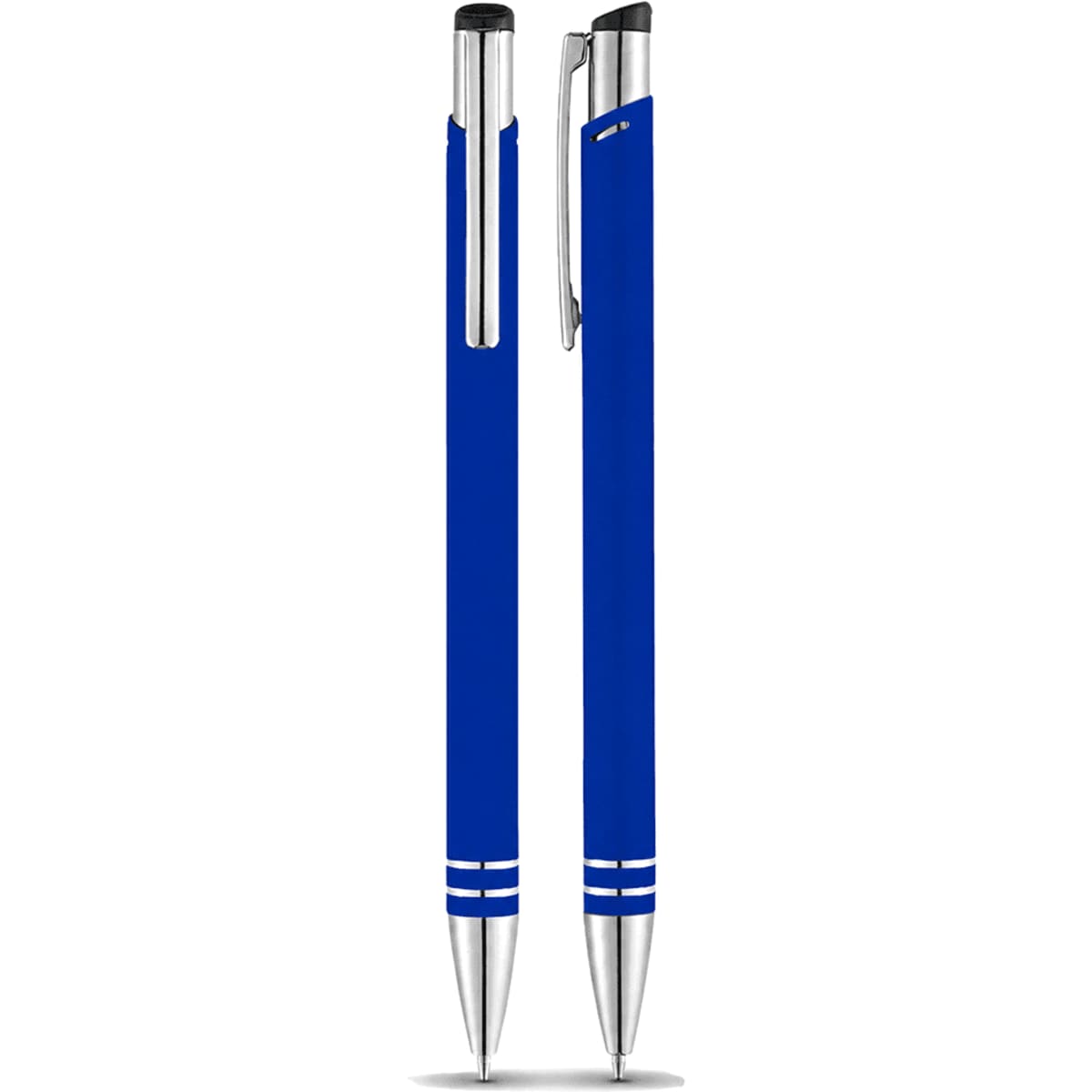 A set of blue ballpoint pens with silver accents and a clip, featuring a logo.