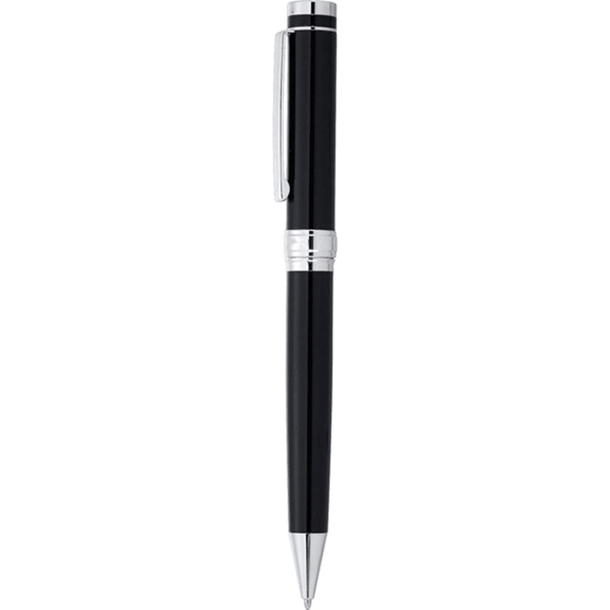 A sleek black metal ballpoint pen with silver accents and a clip, featuring a logo on its body.