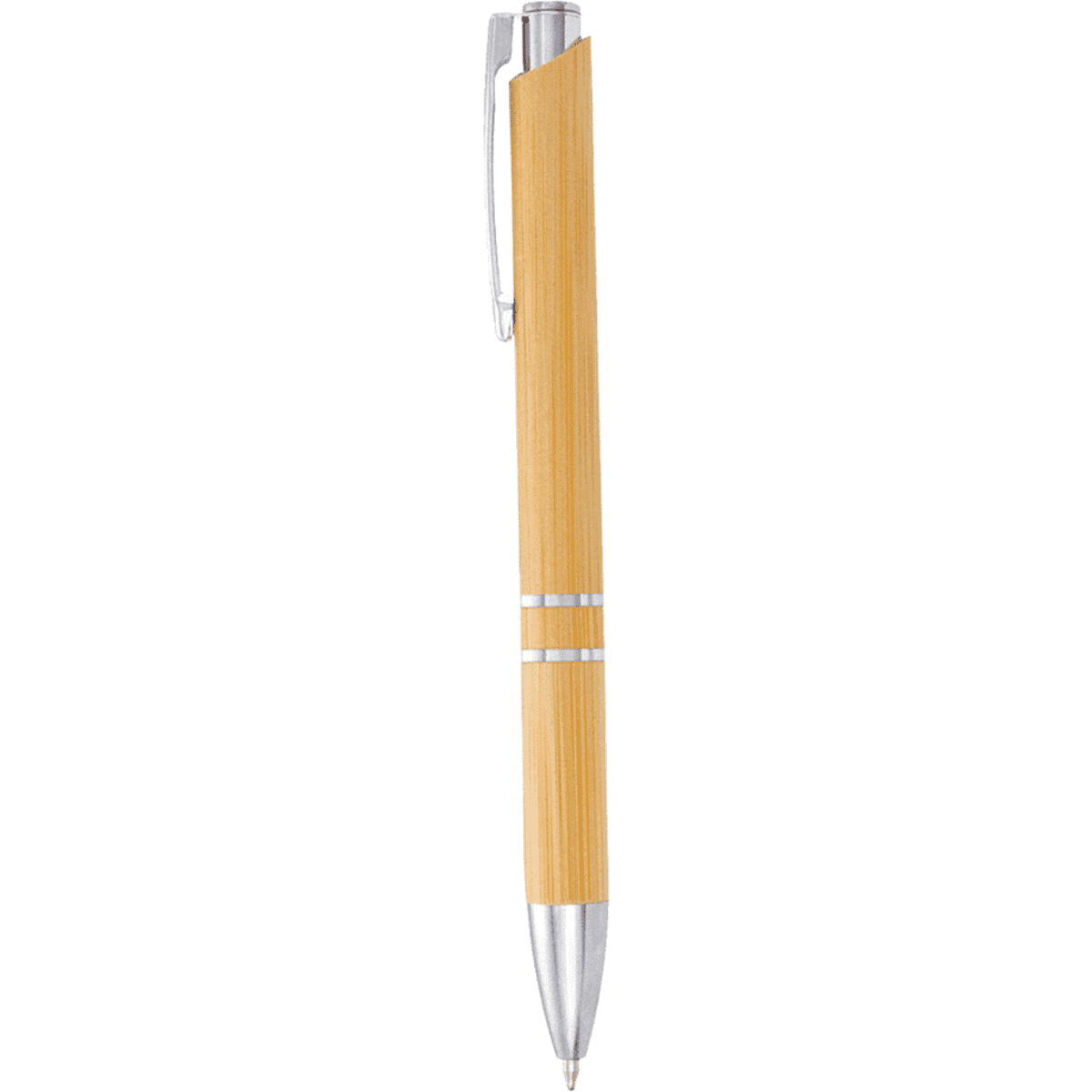 A bamboo ballpoint pen with silver accents and a sleek design. The pen features a logo on its barrel.