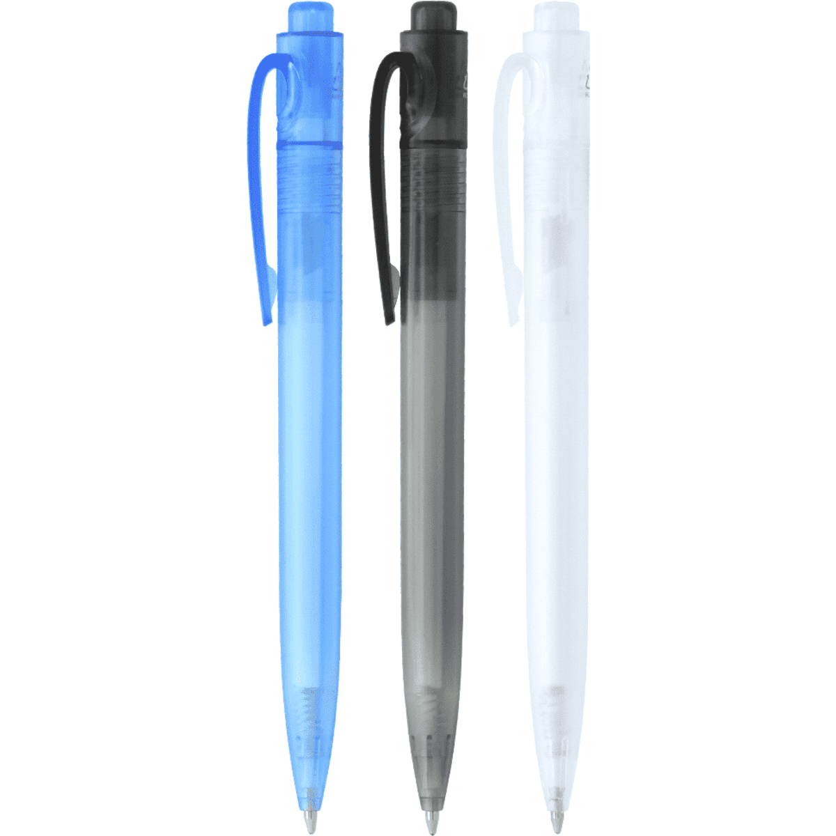 Three ballpoint pens in blue, black, and clear colours, featuring a clip and a logo on each pen.