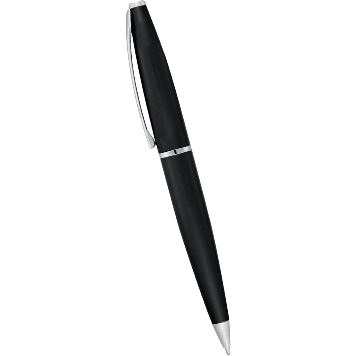 A black metal twist action pen with a silver clip and accent. It includes a branding logo.