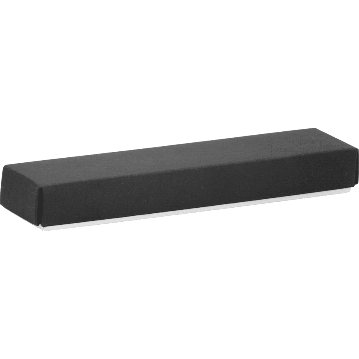 A black rectangular pen box with a smooth finish and an internal compartment for a single pen.
