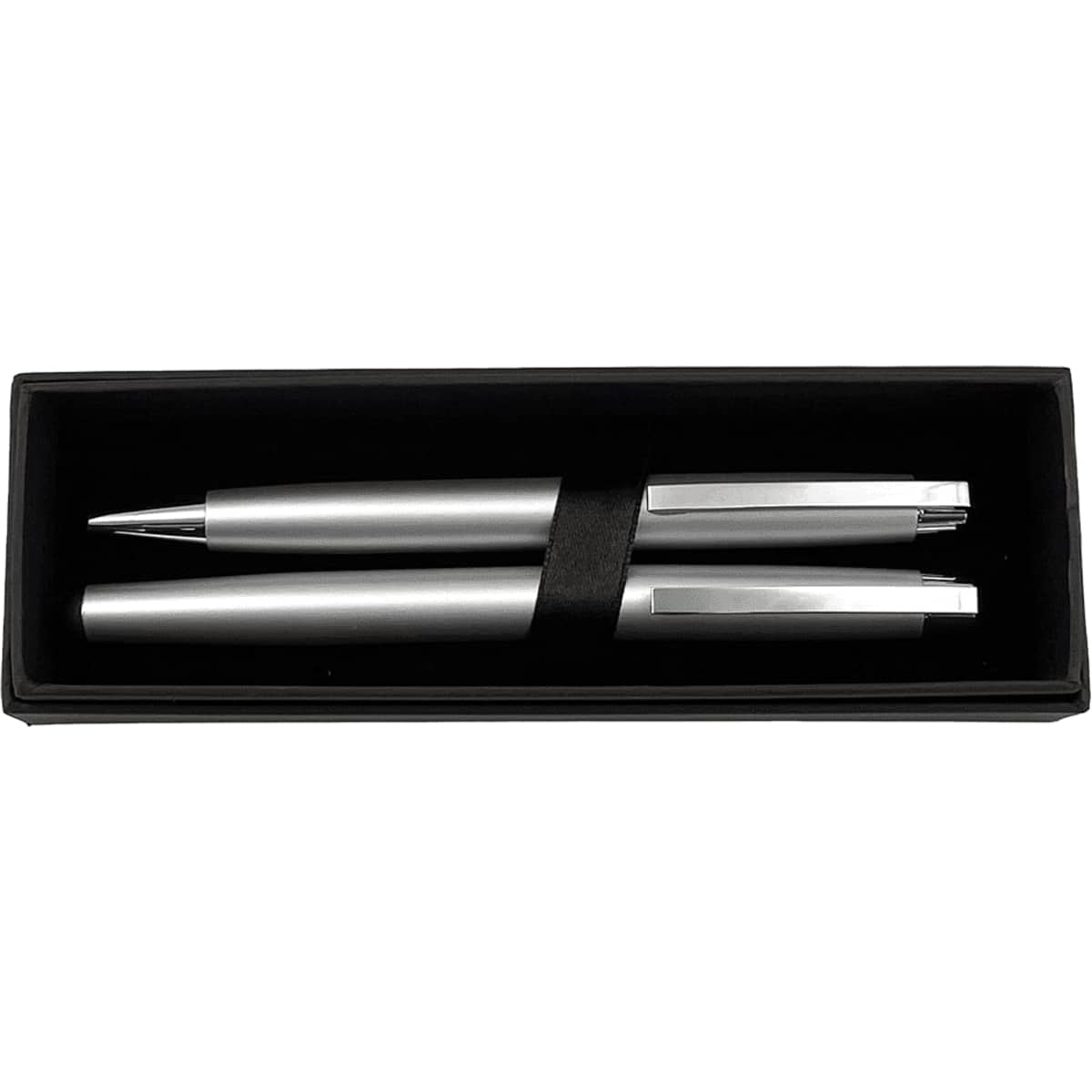 A black cardboard box containing two silver pens secured with a black holder.